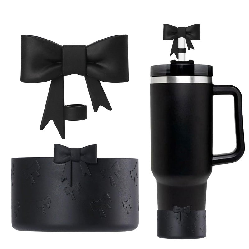 Lnulyaciy Bow Silicone Protective Boot for Stanley Cup 20/30/40Oz, Bow Straw Cover Topper with 10mm/0.4in, Compatible 12-24Oz Hydroflask Tumbler and More Bottles 2.83-3in Bottom (Black Set) - Image 1