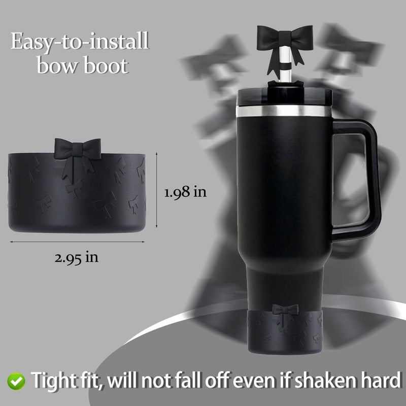 Lnulyaciy Bow Silicone Protective Boot for Stanley Cup 20/30/40Oz, Bow Straw Cover Topper with 10mm/0.4in, Compatible 12-24Oz Hydroflask Tumbler and More Bottles 2.83-3in Bottom (Black Set) - Image 5