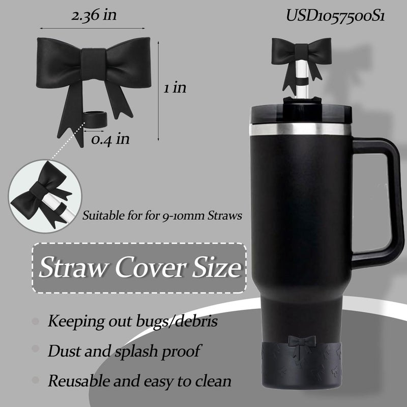 Lnulyaciy Bow Silicone Protective Boot for Stanley Cup 20/30/40Oz, Bow Straw Cover Topper with 10mm/0.4in, Compatible 12-24Oz Hydroflask Tumbler and More Bottles 2.83-3in Bottom (Black Set) - Image 2