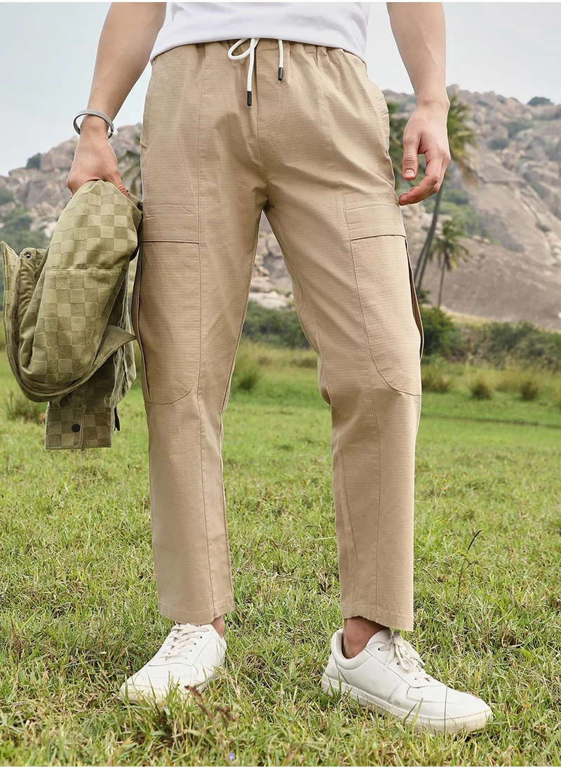 Campus Sutra Men's Khaki Brown Solid Utility Trousers