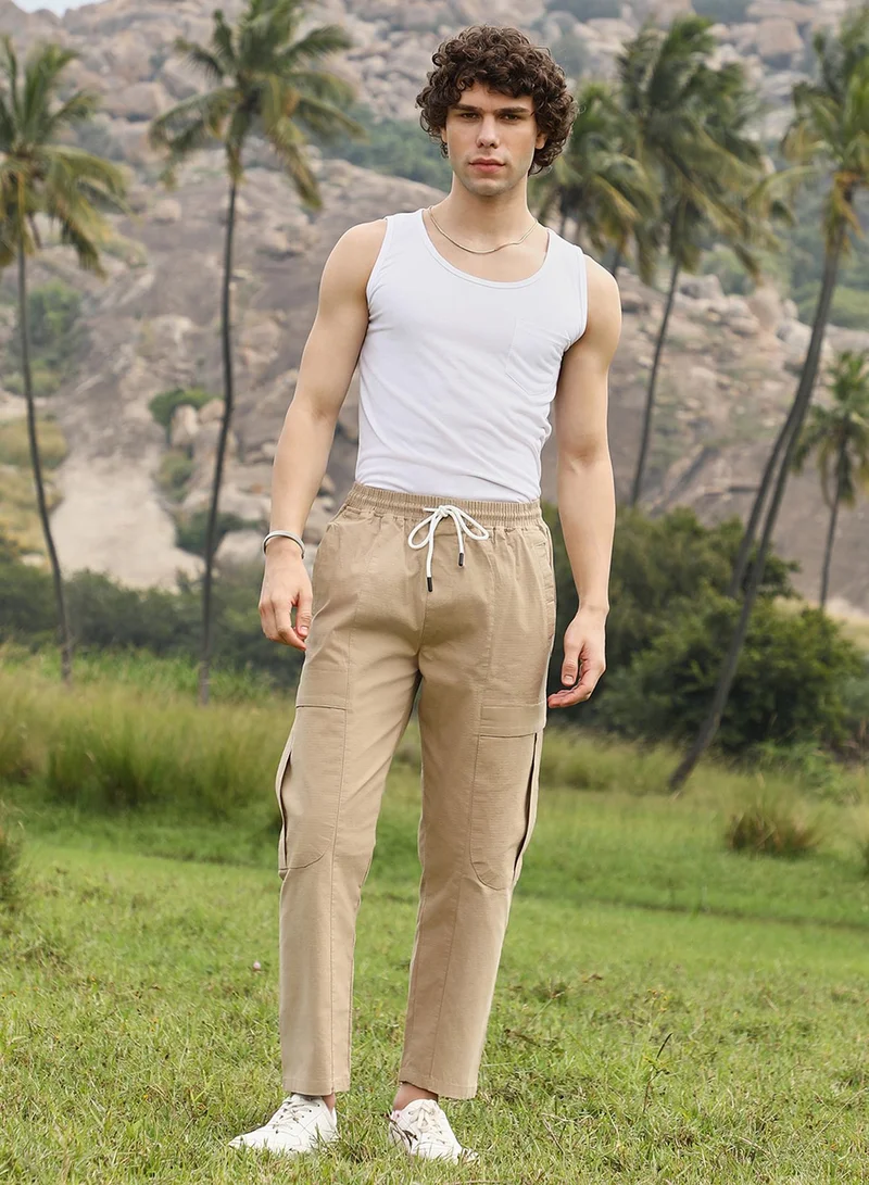 Campus Sutra Men's Khaki Brown Solid Utility Trousers