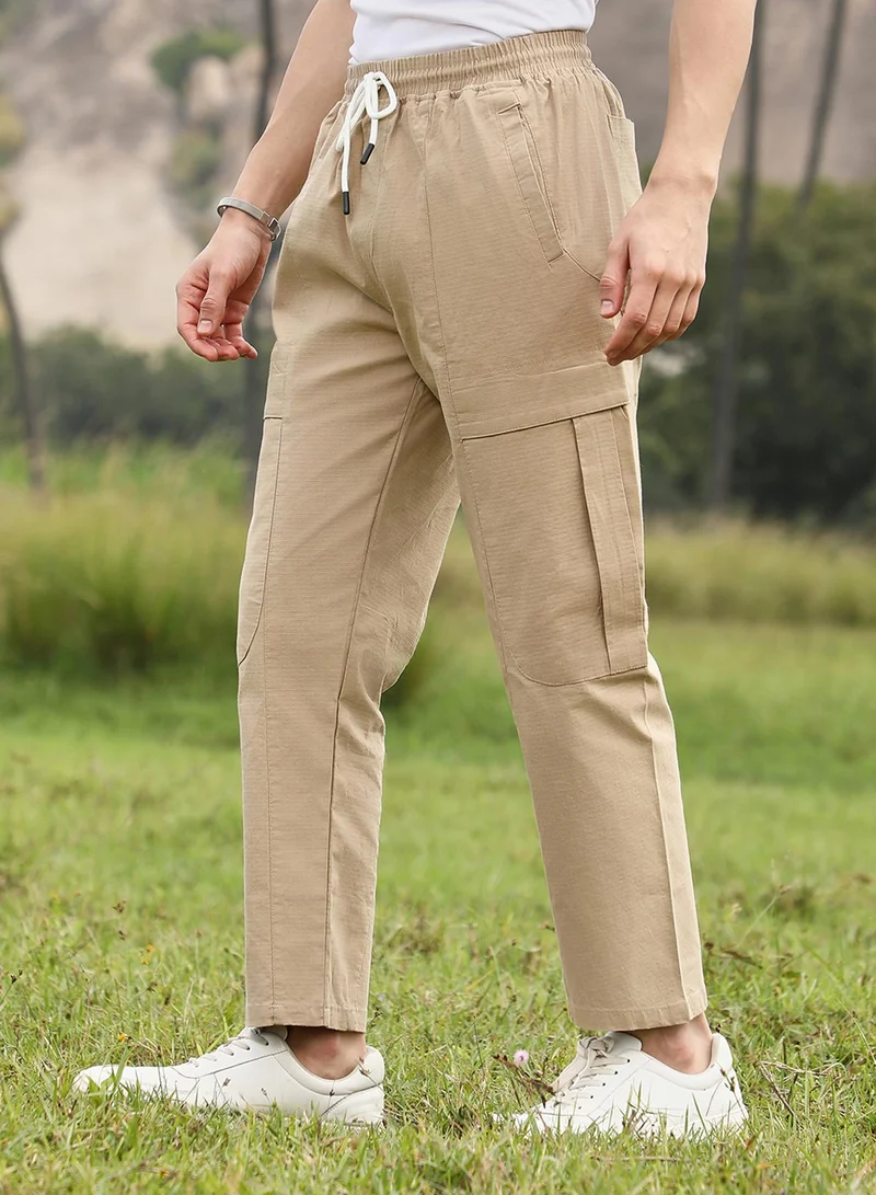 Campus Sutra Men's Khaki Brown Solid Utility Trousers