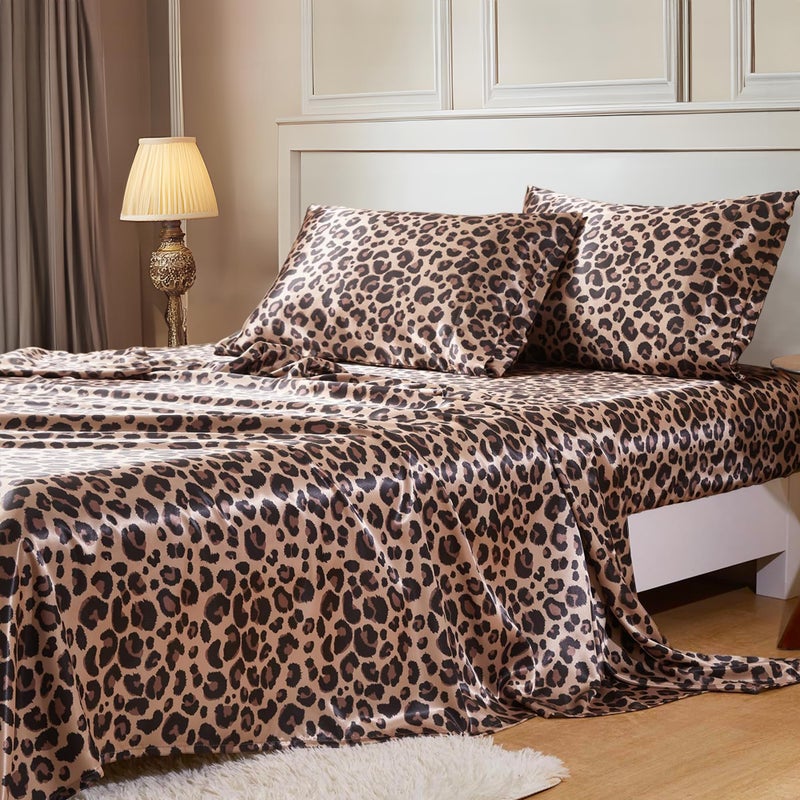 MRHM Satin Bed Sheets with Elastic Corner Straps Queen Size Sheets Set 4 Pcs Silky Bedding Set with 15 Inches Deep Pocket for Mattress Queen Brown Leopard