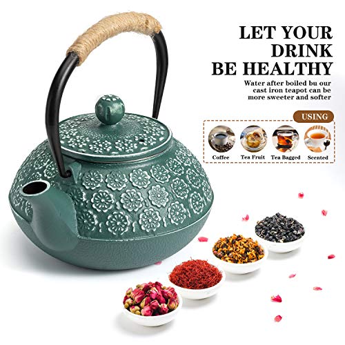 Sotya Cast Iron Teapot, 30oz/900ml Japanese Tetsubin Tea Pot with Infuser for Loose Leaf and Tea Bags, Tea Kettle Coated with Enameled Interior for Stove Top, Dark Green - Image 4
