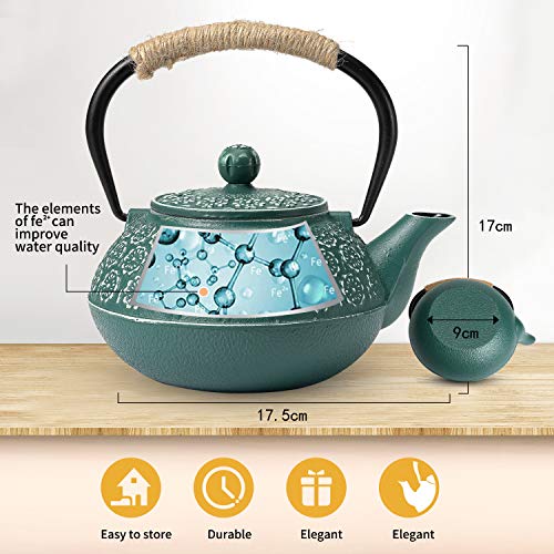 Sotya Cast Iron Teapot, 30oz/900ml Japanese Tetsubin Tea Pot with Infuser for Loose Leaf and Tea Bags, Tea Kettle Coated with Enameled Interior for Stove Top, Dark Green - Image 5