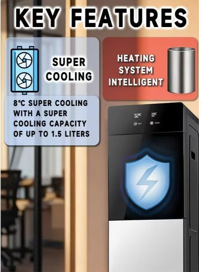 يشارك موزع مياه بتحميل سفلي مع شاشة عرض لدرجة الحرارة | وظائف عادية وساخنة وباردة، 3 صنابير | درجة حرارة البارد: 7-12 درجة مئوية؛ درجة حرارة الساخن: 85-100 درجة مئوية | مثالي للمنزل والمكتب | فضي معدني - Image 1