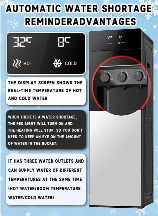يشارك موزع مياه بتحميل سفلي مع شاشة عرض لدرجة الحرارة | وظائف عادية وساخنة وباردة، 3 صنابير | درجة حرارة البارد: 7-12 درجة مئوية؛ درجة حرارة الساخن: 85-100 درجة مئوية | مثالي للمنزل والمكتب | فضي معدني - Image 4