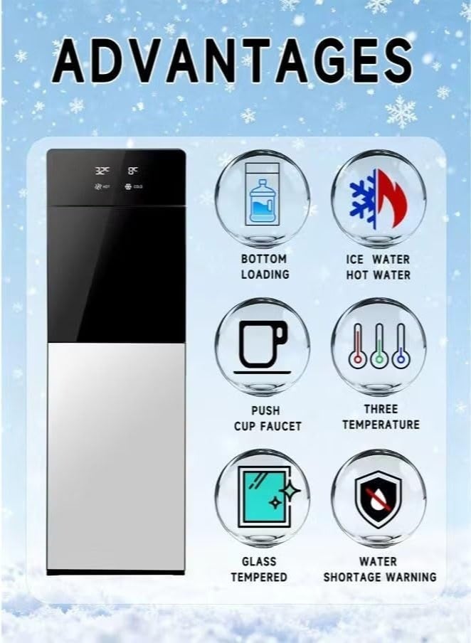 يشارك موزع مياه بتحميل سفلي مع شاشة عرض لدرجة الحرارة | وظائف عادية وساخنة وباردة، 3 صنابير | درجة حرارة البارد: 7-12 درجة مئوية؛ درجة حرارة الساخن: 85-100 درجة مئوية | مثالي للمنزل والمكتب | فضي معدني - Image 2