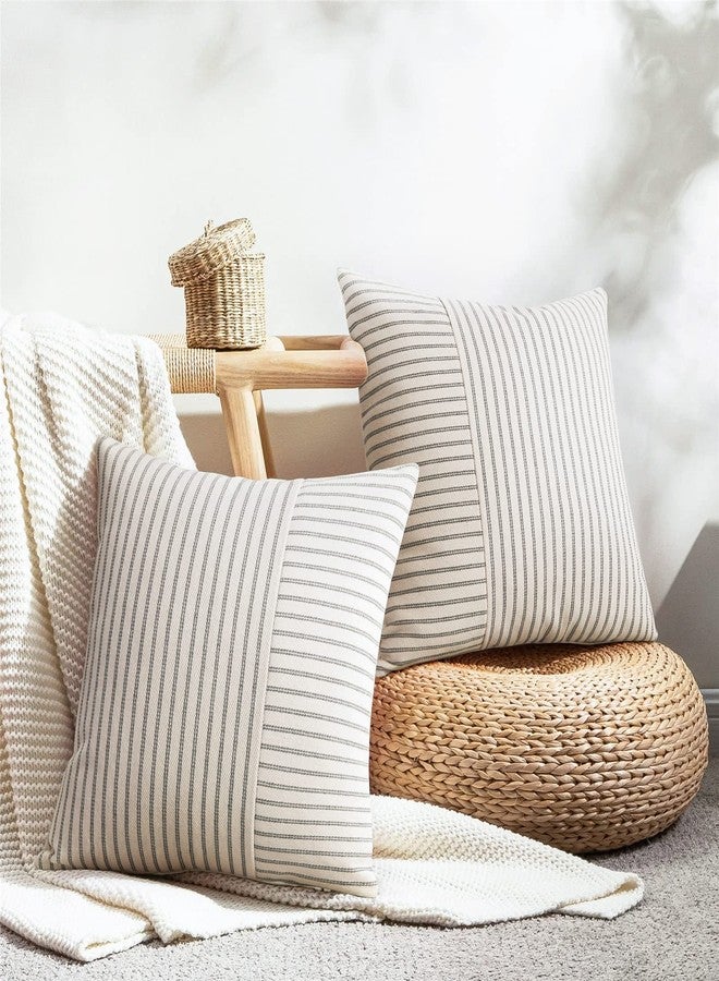 YCOLL Farmhouse Pillow Covers 26x26, Modern Accent Square Throw Pillow Covers Set of 2, Gray and Beige Striped Patchwork Linen Decorative Pillows Cushion Covers for Couch Chair Bedroom Fall Decorations - Image 2