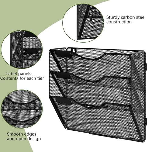 EasyPAG Wall File Holder Organizer 10 Pocket Mesh Hanging Wall Mounted Document Paper Folder Filing Magazine Rack with Nametag Label for Office Home School, Black - Image 3