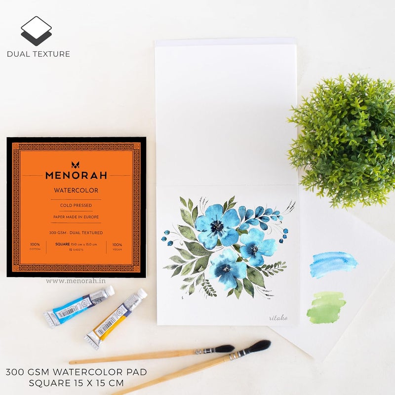 MENORAH – Square – 100% Cotton Watercolor Sketchbook – 300 GSM- Water Color Paper Loose Sheets (15.0 cm x 15.0 cm)- (12 Sheets / 24 Pages)- Watercolour Artist Sketchbook- Glued End Pad - Image 3