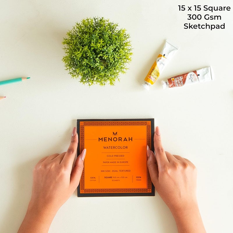 MENORAH – Square – 100% Cotton Watercolor Sketchbook – 300 GSM- Water Color Paper Loose Sheets (15.0 cm x 15.0 cm)- (12 Sheets / 24 Pages)- Watercolour Artist Sketchbook- Glued End Pad - Image 2