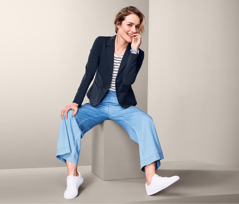 Tchibo Women Regular Fit Notched Collar Plain Casual Blazer, Navy Blue  - Image 1