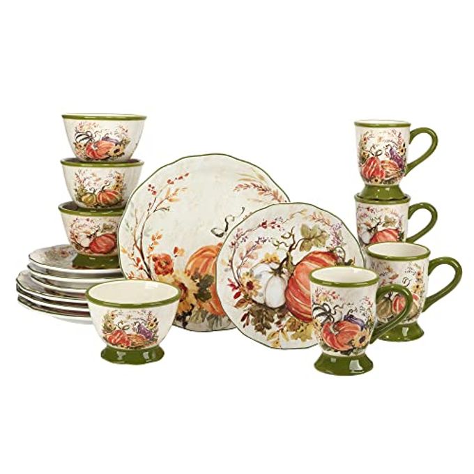 Harvest Morning 16-Piece Ceramic Dinnerware Set, Service For 4  Celebrate Autumn With Vibrant Pumpkins And Florals, Perfect For Cozy Family Meals, Thanksgiving Gatherings, And Fall Entertaining - Image 1