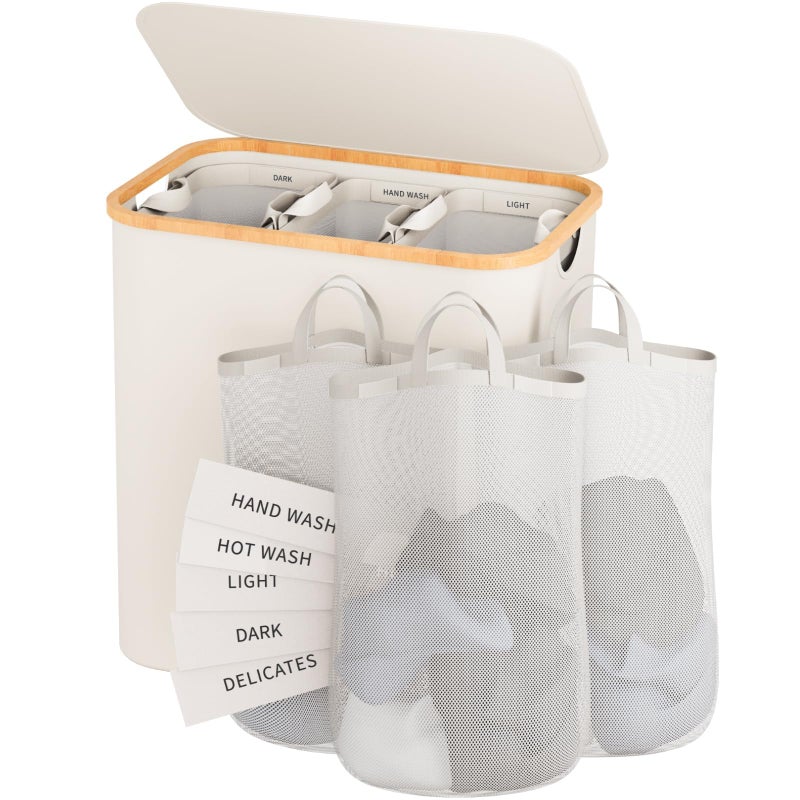 Laundry Hamper 3 Section 145L Dirty Clothes Hamper with Lid Extra Large Laundry Basket Organizer with Removable Inner Bags Labels for Laundry Room Bedroom Beige