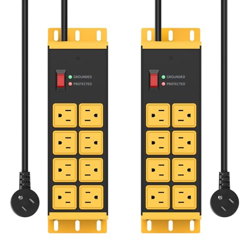 HHSOET 2 Pack Heavy Duty Power Strip 8 Outlets, Metal Wall Mount Outlet Strip 4800J Surge Protector, Garage Shop Under Desk Mountable 6FT Extension Cord Plug, ETL Listed - Image 1