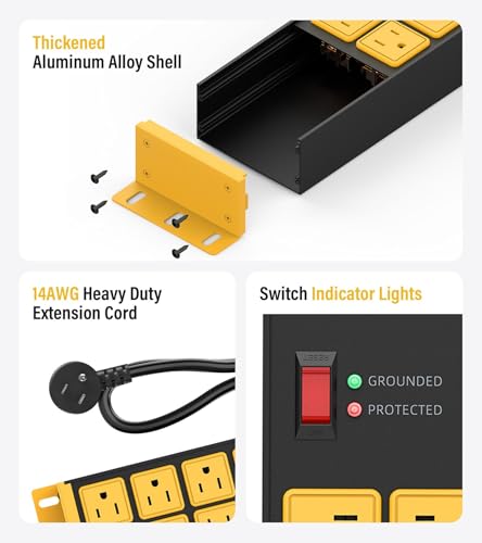 HHSOET 2 Pack Heavy Duty Power Strip 8 Outlets, Metal Wall Mount Outlet Strip 4800J Surge Protector, Garage Shop Under Desk Mountable 6FT Extension Cord Plug, ETL Listed - Image 5