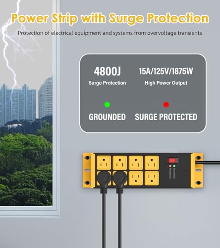 HHSOET 2 Pack Heavy Duty Power Strip 8 Outlets, Metal Wall Mount Outlet Strip 4800J Surge Protector, Garage Shop Under Desk Mountable 6FT Extension Cord Plug, ETL Listed - Image 4