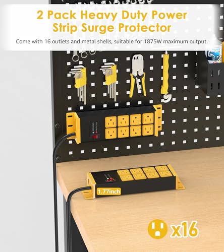 HHSOET 2 Pack Heavy Duty Power Strip 8 Outlets, Metal Wall Mount Outlet Strip 4800J Surge Protector, Garage Shop Under Desk Mountable 6FT Extension Cord Plug, ETL Listed - Image 2