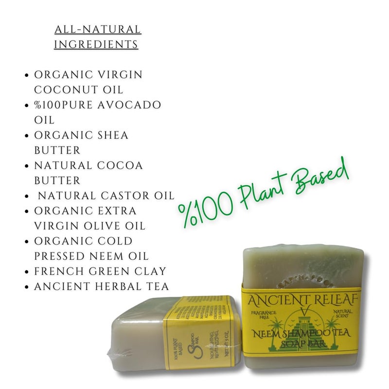 Handmade Ancient Releaf Neem Shampoo Bar with French Green Clay moisturizing conditioning cleansing 100 Veganplant based Fragrancefree natural soap scent 5oz bar - Image 2