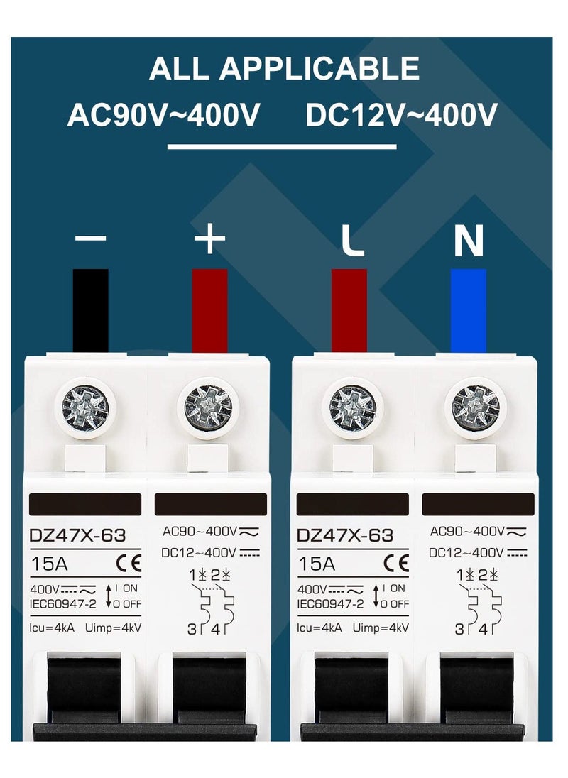 Miniature Circuit Breaker 15 Amp DC Solar Disconnect Switch, 12-400V, DIN Rail Mount, AC DC Universal Circuit Breaker  - Image 4