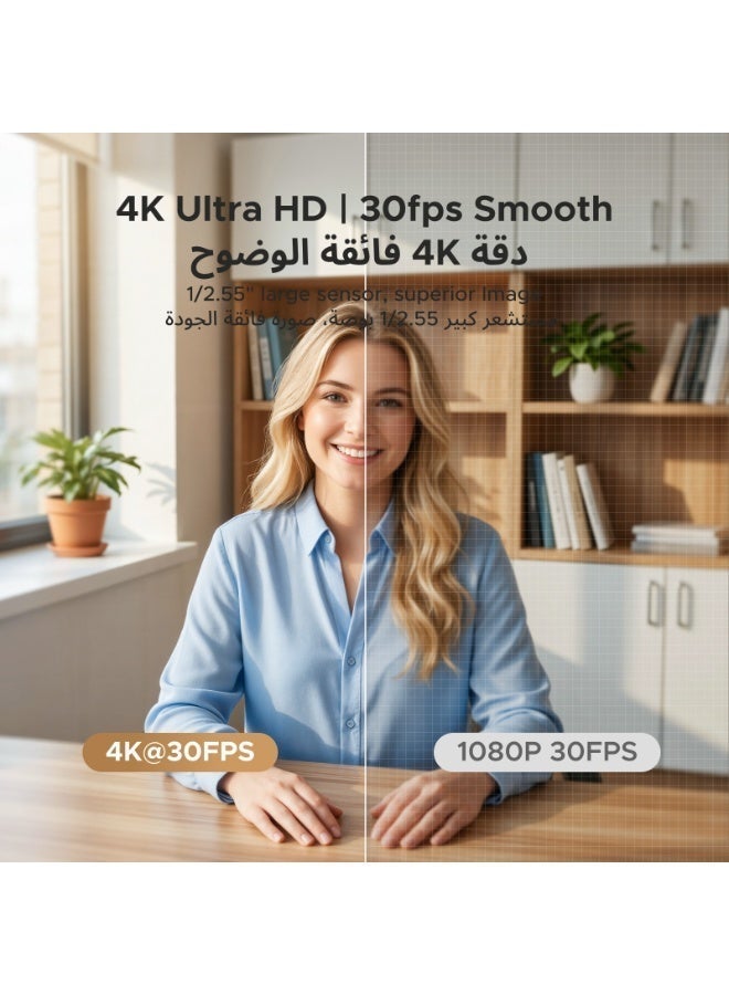 يو جرين كاميرا ويب  بدقة 4K مع ضبط تلقائي للصورة، وتصحيح تلقائي للصورة بتقنية AI، وميكروفونين مزدوجين مع خاصية تقليل الضوضاء، وغطاء للخصوصية، ووضعي التصوير الأفقي والرأسي، متوافقة مع Microsoft Teams, Zoom, Facetime, Skype أسود - Image 2