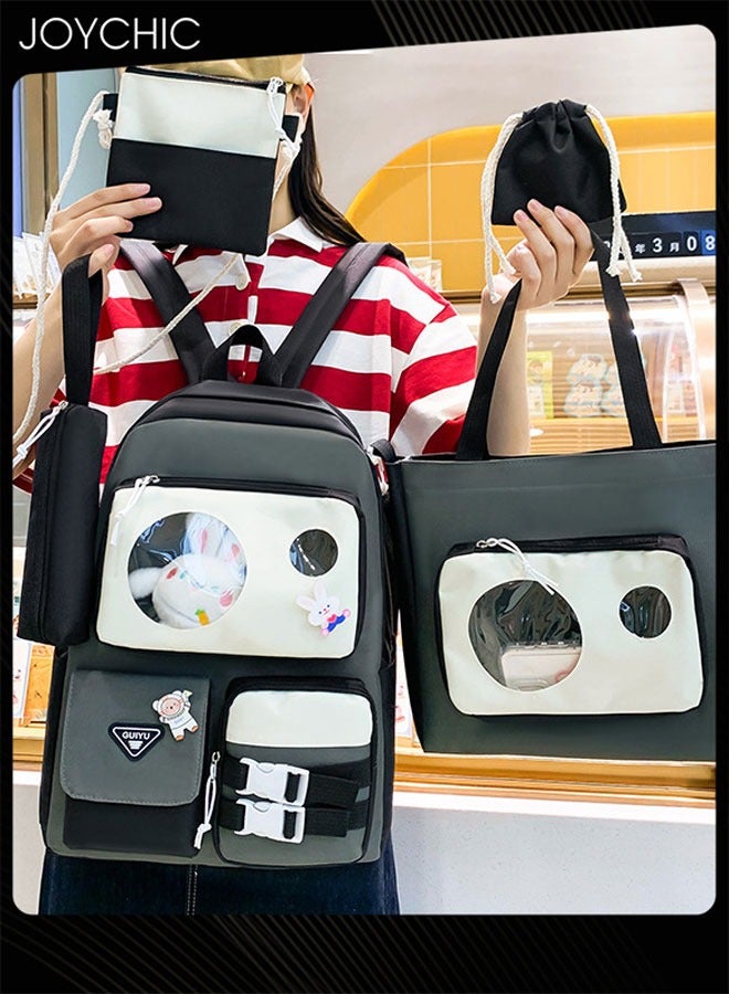 Joychic 5 قطع من حقائب الظهر المدرسية للأطفال متعددة الجيوب وحقيبة كتب كبيرة السعة مع مقصورات مقاومة للماء والتآكل مجموعات حقائب الظهر للأطفال المراهقين وطلاب المدارس الابتدائية (أسود) - Image 2