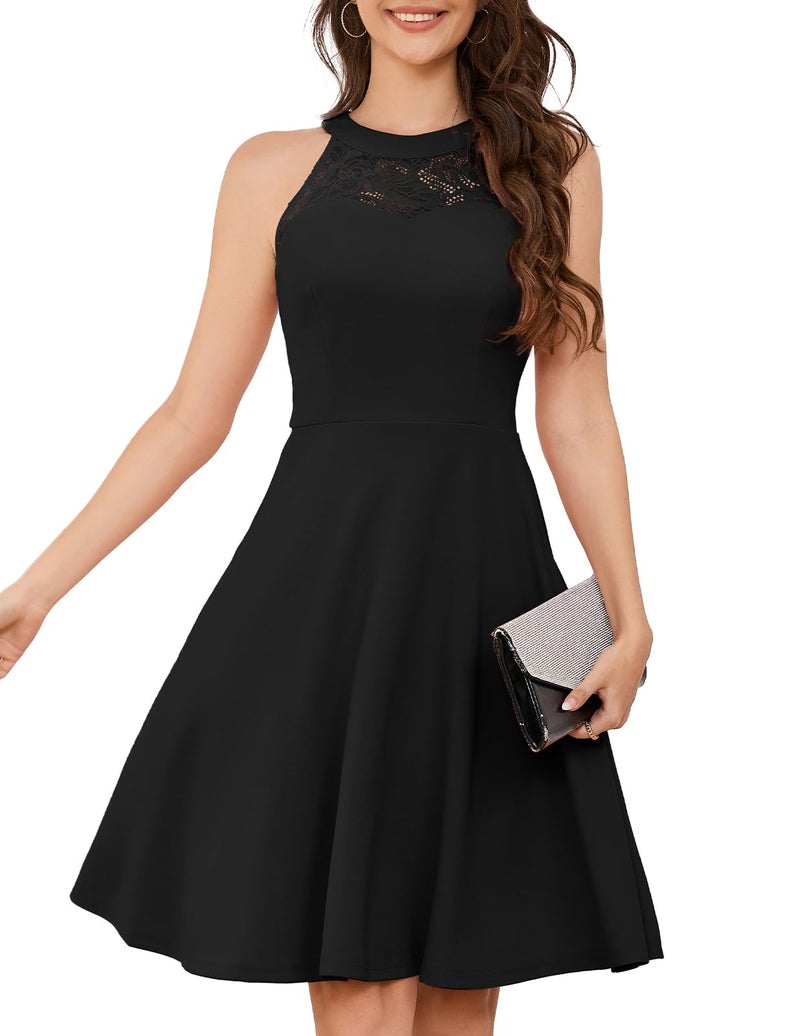 Bbonlinedress Halter Cocktail Wedding Guest Vintage Dress Short Evening Party Teens Prom Christmas Dress Black S - Image 1