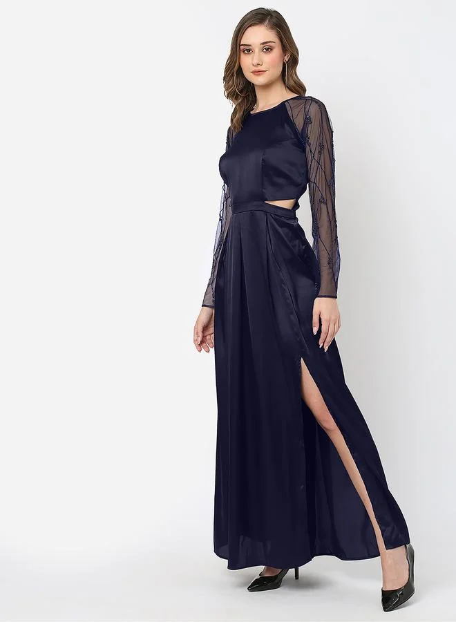 Mish Mesh Insert Beaded Sleeves A-Line Maxi Dress
