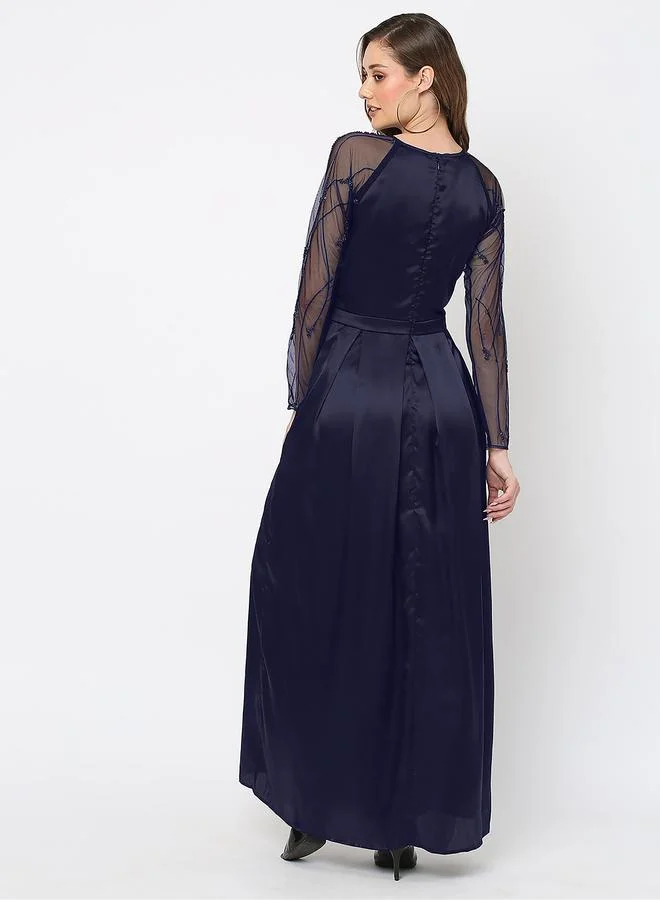 Mish  Mesh Insert Beaded Sleeves A-Line Maxi Dress for Women | Best Price UAE