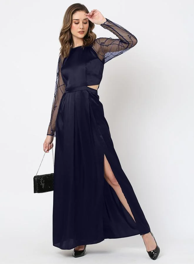 Mish Mesh Insert Beaded Sleeves A-Line Maxi Dress