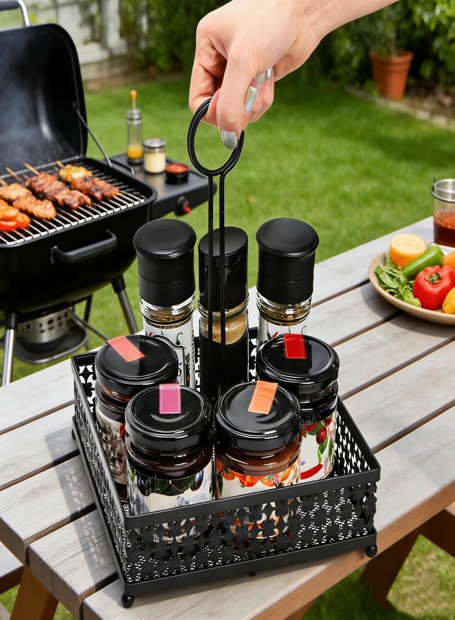 ZAVOOS 2 Pack Condiment Caddy, Metal Square Table Caddies Collection Spice Organizer with Number Card Holder for Kitchen Cabinet, Floral Decor Seasoning Sauce Holder for Outdoor Grill, Picnic, Party - Image 4