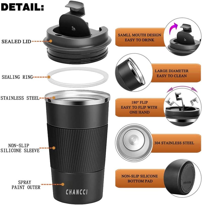 CHANCCI 16oz Travel Coffee Mug Spill Proof, Insulated Coffee Mug with Lid, Leakproof Coffee Tumbler,Stainless Steel Vacuum Coffee Cup for Hot/Cold Drinks, Reusable Coffee Cup for Men Women -510ml,Black - Image 2
