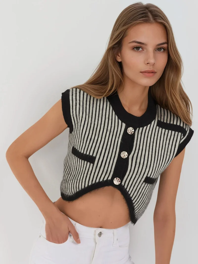 MY FASHION Black MY FASHION Striped Ribbed Knit Crop Top with Button Closure for Women | Best Price UAE