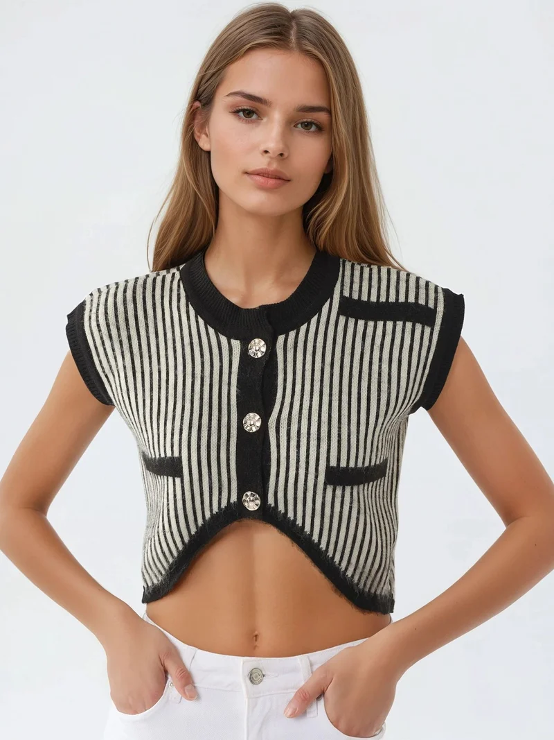 MY FASHION Black MY FASHION Striped Ribbed Knit Crop Top with Button Closure for Women | Best Price UAE