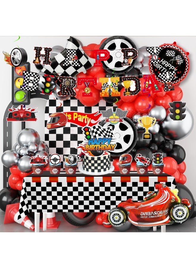 FRUITFUL PARTY 112pcs Race Car Party Decorations Set Includes Racing Cars Happy Birthday Banner Balloons Cake Toppers Tablecloth Hanging Swirls etc Racing Car Birthday Party Decoration Supplies - Image 1