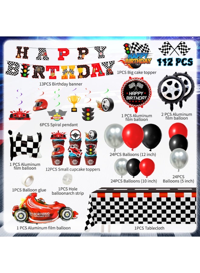 FRUITFUL PARTY 112pcs Race Car Party Decorations Set Includes Racing Cars Happy Birthday Banner Balloons Cake Toppers Tablecloth Hanging Swirls etc Racing Car Birthday Party Decoration Supplies - Image 3