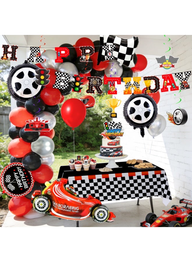 FRUITFUL PARTY 112pcs Race Car Party Decorations Set Includes Racing Cars Happy Birthday Banner Balloons Cake Toppers Tablecloth Hanging Swirls etc Racing Car Birthday Party Decoration Supplies - Image 4