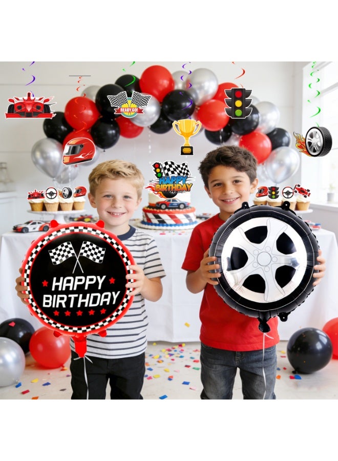 FRUITFUL PARTY 112pcs Race Car Party Decorations Set Includes Racing Cars Happy Birthday Banner Balloons Cake Toppers Tablecloth Hanging Swirls etc Racing Car Birthday Party Decoration Supplies - Image 5
