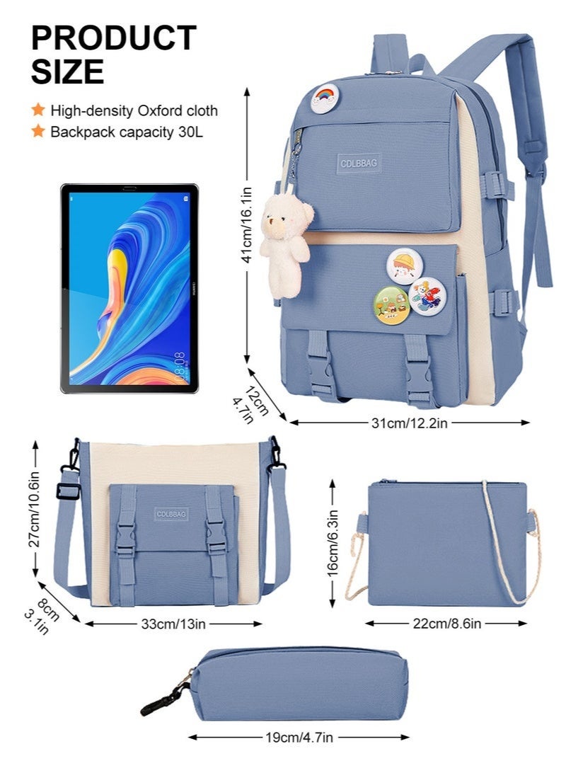 4 PCS Backpack School Book Bag Set Kawaii Teddy Bear Pendant Canvas Combo Girl Student Tote Crossbody Day pack Boy Pencil Case - Image 2