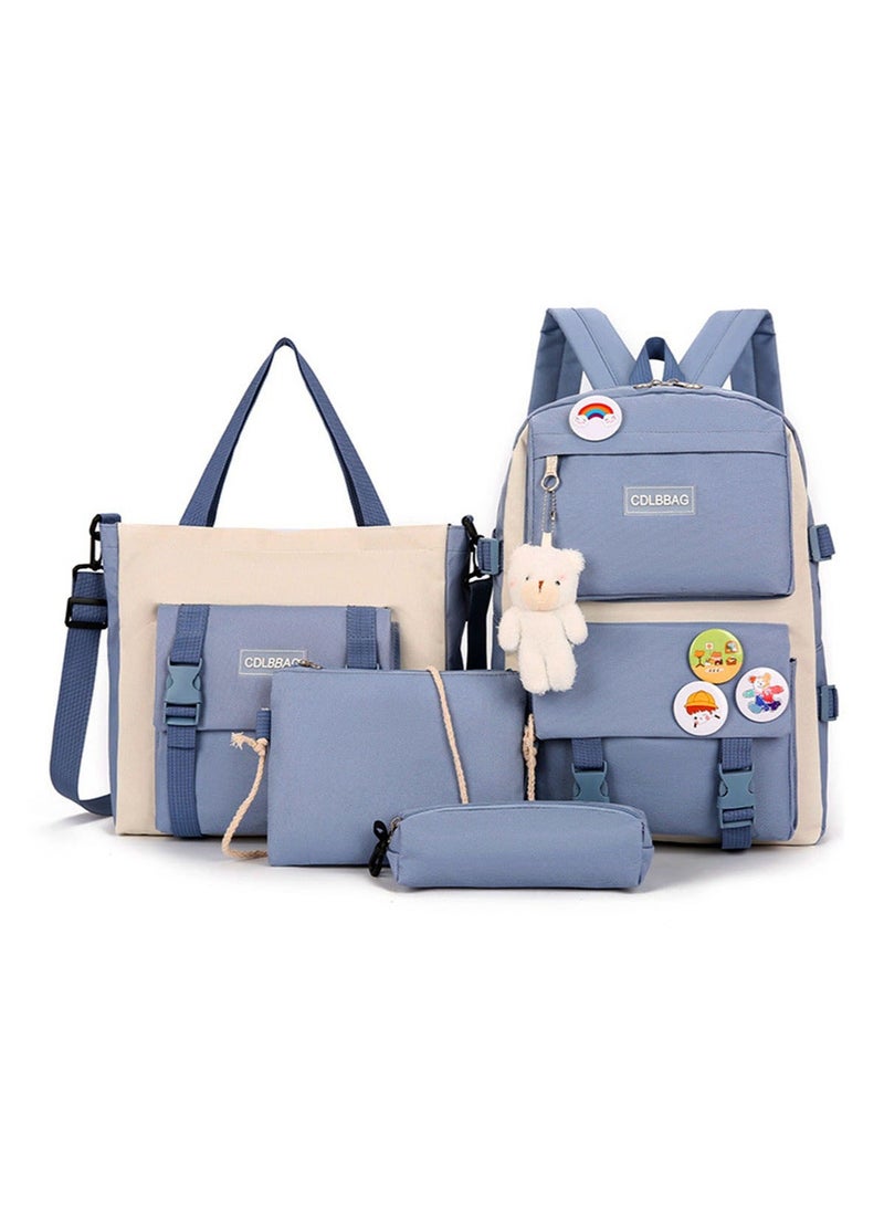 4 PCS Backpack School Book Bag Set Kawaii Teddy Bear Pendant Canvas Combo Girl Student Tote Crossbody Day pack Boy Pencil Case - Image 1