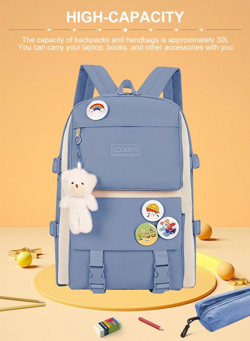 4 PCS Backpack School Book Bag Set Kawaii Teddy Bear Pendant Canvas Combo Girl Student Tote Crossbody Day pack Boy Pencil Case - Image 3