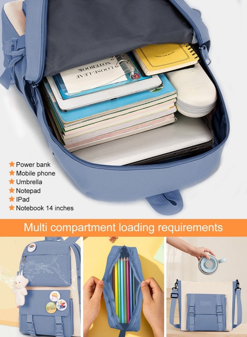 4 PCS Backpack School Book Bag Set Kawaii Teddy Bear Pendant Canvas Combo Girl Student Tote Crossbody Day pack Boy Pencil Case - Image 4