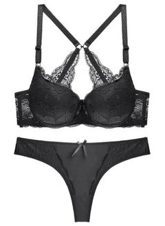 Comfy Solid Color Thin Cup Lace Bra Panty Set Women's Underwear Set Black