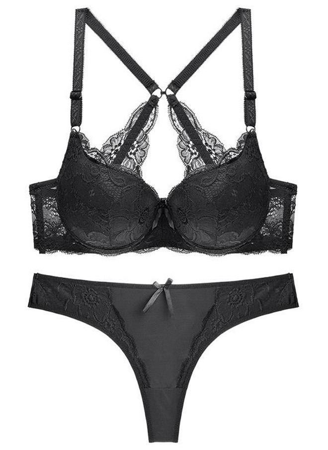 Loquat - Comfy Solid Color Thin Cup Lace Bra Panty Set Women's Underwear Set Black - Image 1