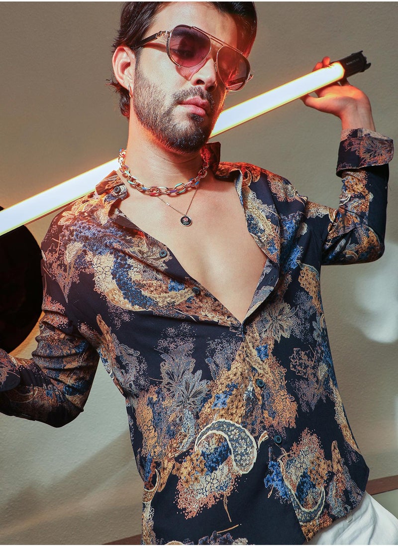 Campus Sutra Men's Royal Blue & Midnight Black Paisley Flora Shirt  - Image 1