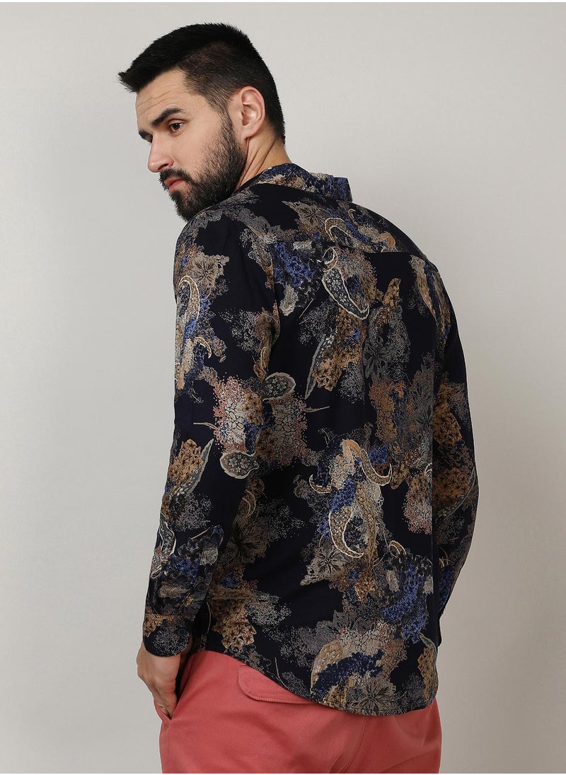 Campus Sutra Men's Royal Blue & Midnight Black Paisley Flora Shirt  - Image 3