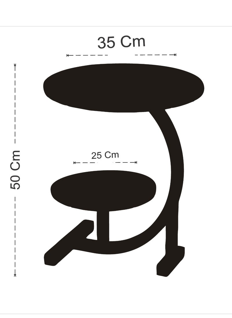 Black two-tier service table with marble-like wood. The diameter of the large table is 35 cm, the small one is 25, and the total height of the table is 50 cm.
