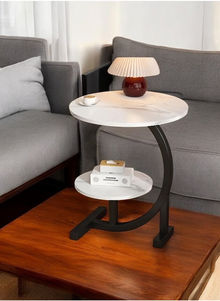 Black two-tier service table with marble-like wood. The diameter of the large table is 35 cm, the small one is 25, and the total height of the table is 50 cm.