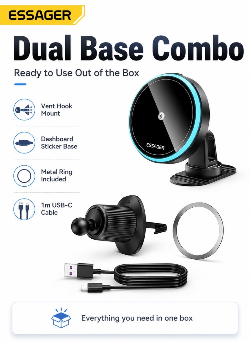 ESSAGER Magnetic Wireless Car Charger Holder Combo, 15W Fast Charging MagSafe Mount with N52 Magnet, 360° Rotatable Dual Base (Vent + Dashboard), 7-Color Light, for iPhone & Android (Black) - Image 1